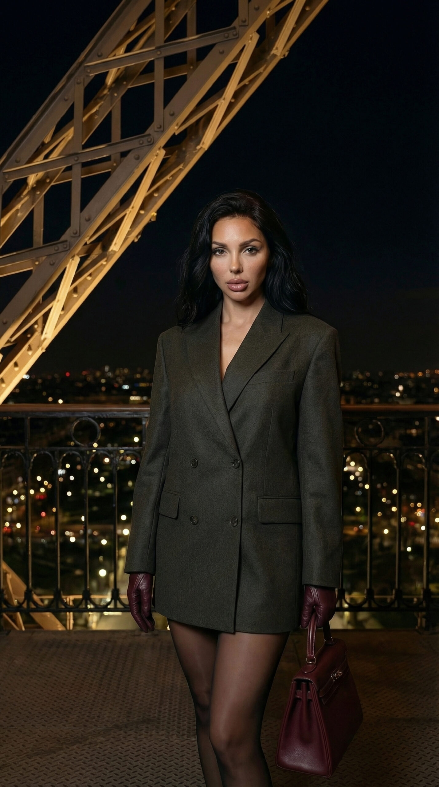 A fashion model standing inside the Eiffel Tower at night wearing elegant blazer and gloves