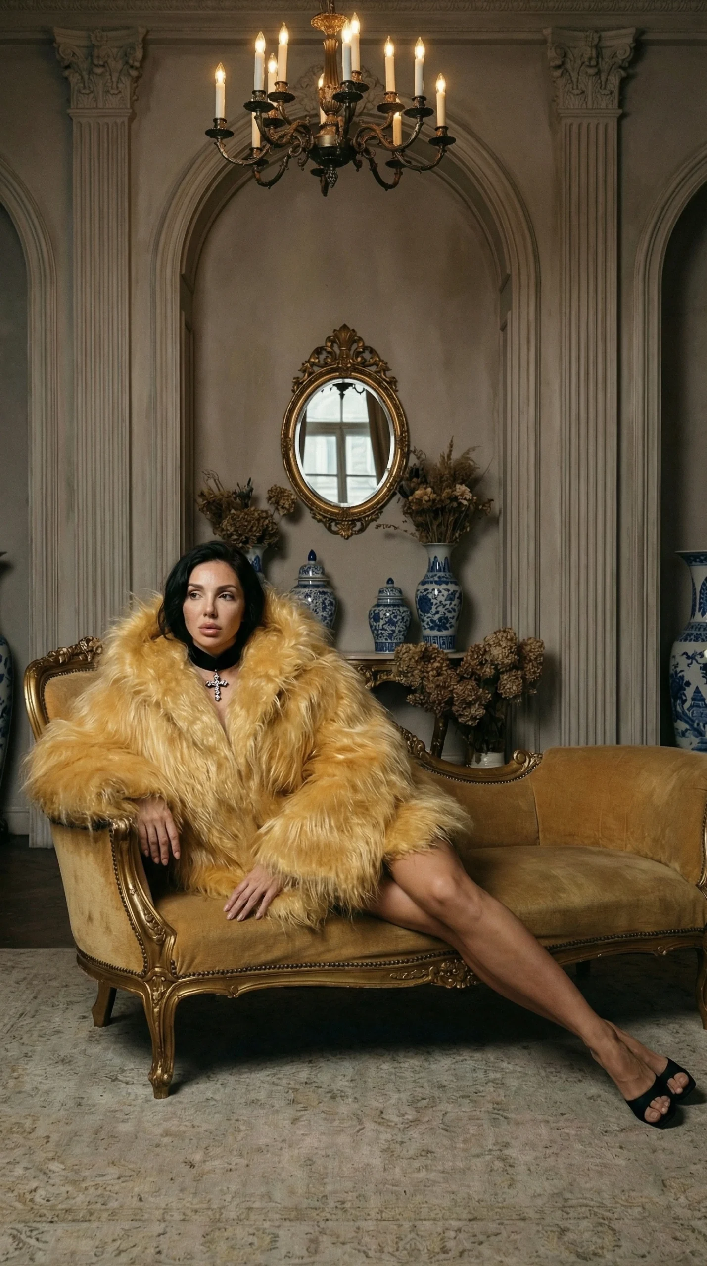 fashion model wearing golden feather coat standing in elegant interior room.