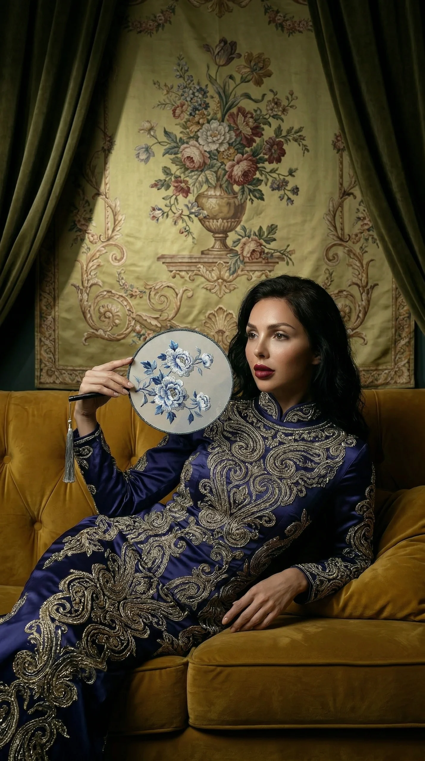 Woman in an Asian-inspired silk dress holding a decorative fan in a luxurious room with cinematic lighting