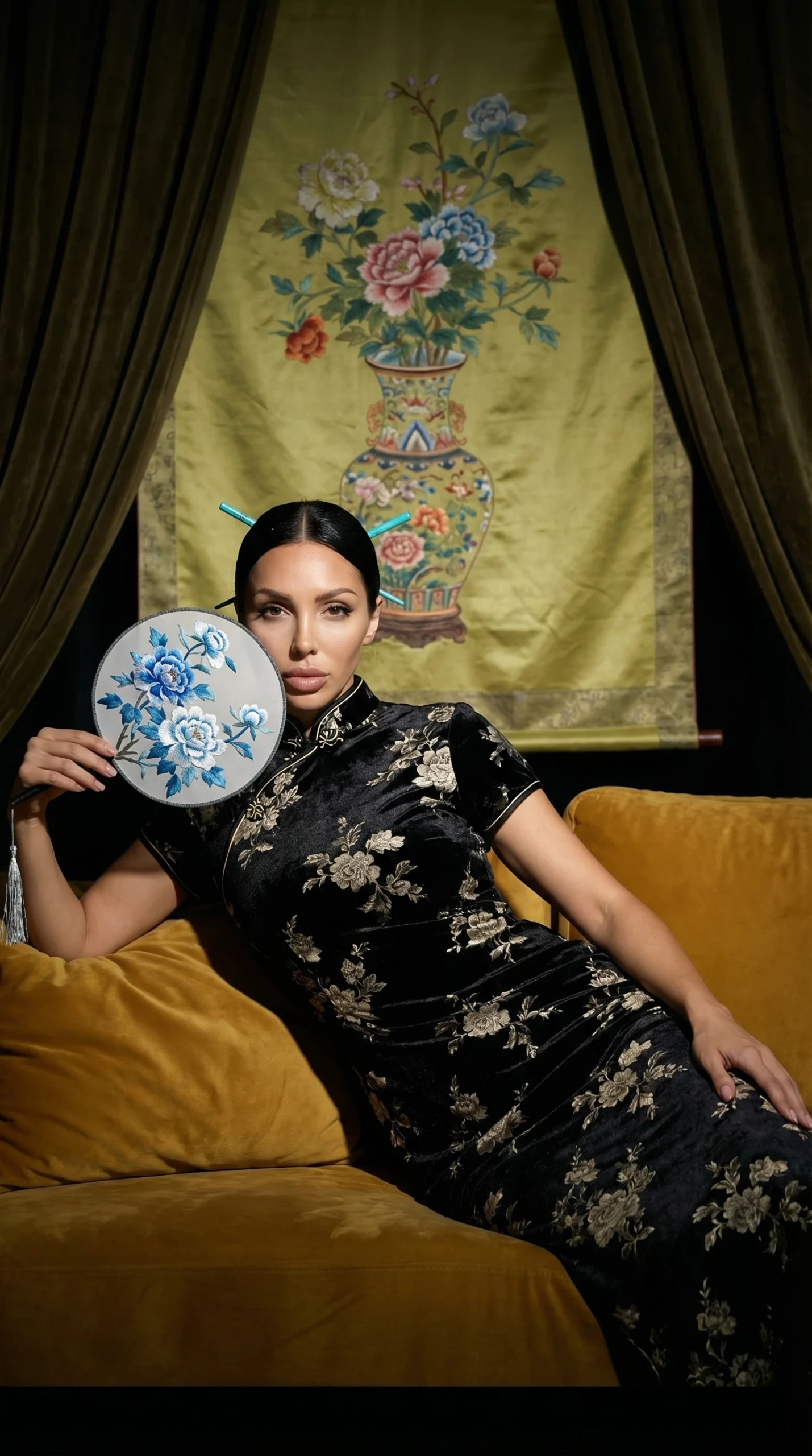Woman in an Asian-inspired silk dress holding a decorative fan in a luxurious room with cinematic lighting