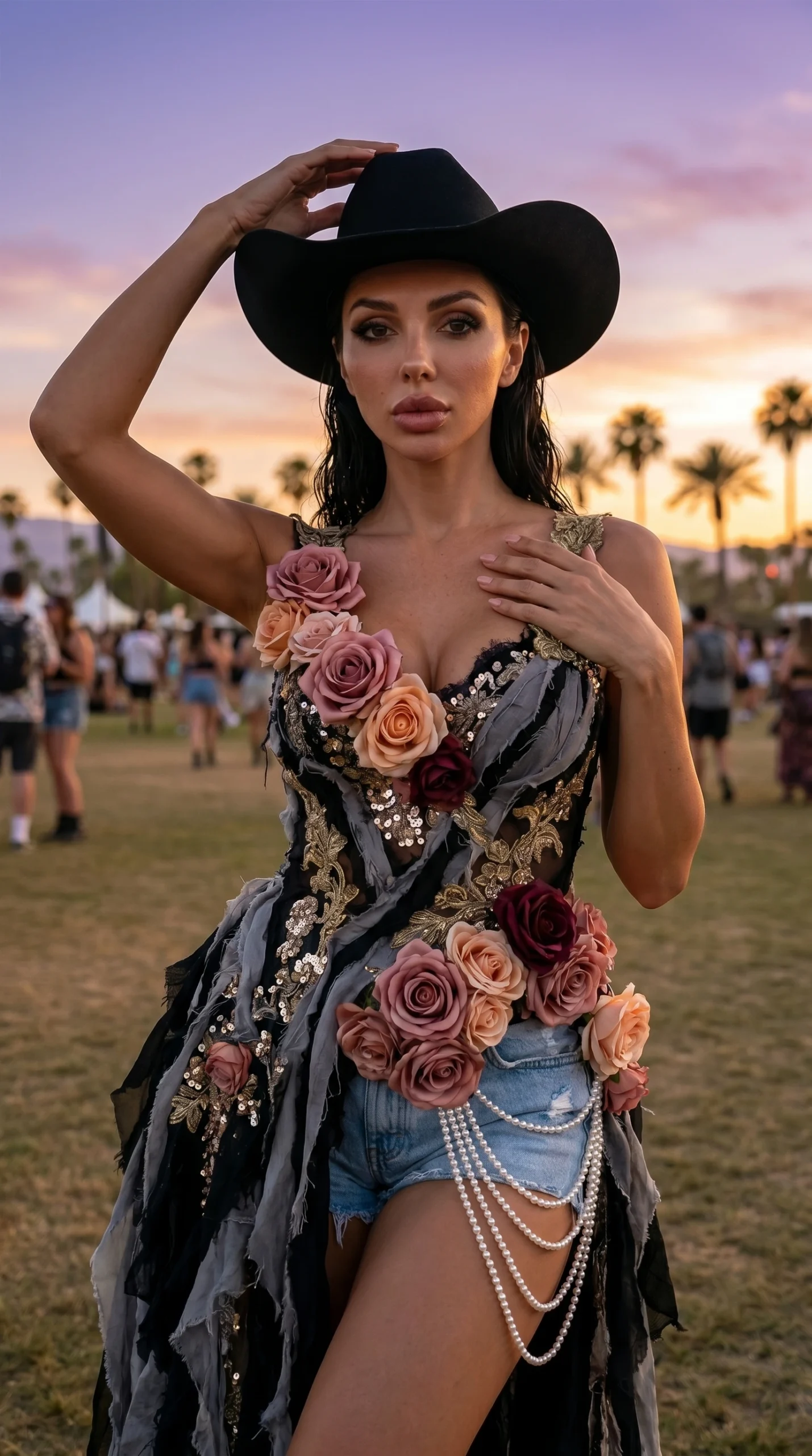 Woman wearing floral couture outfit and black hat at sunset festival with palm trees in background