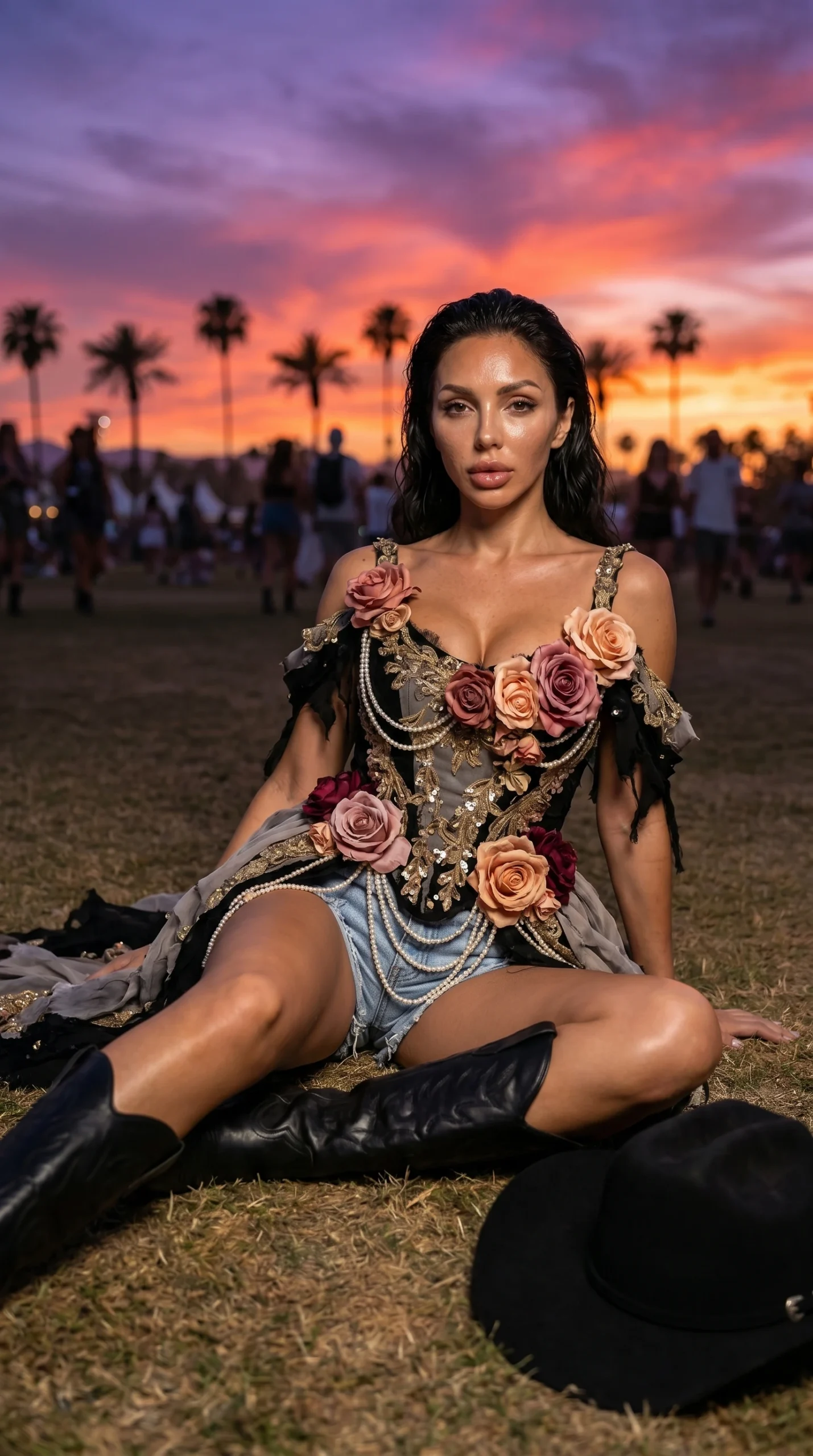 Woman wearing floral couture outfit and black hat at sunset festival with palm trees in background