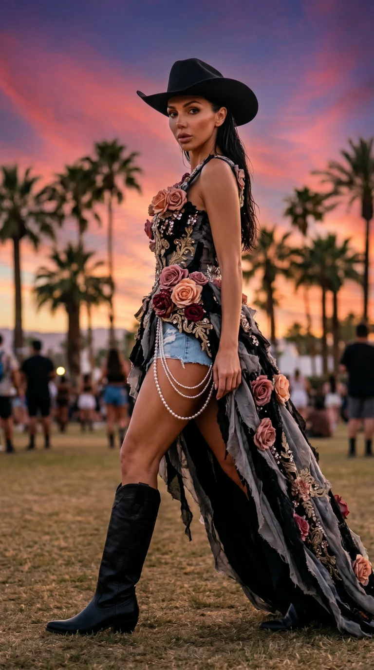 Woman wearing floral couture outfit and black hat at sunset festival with palm trees in background