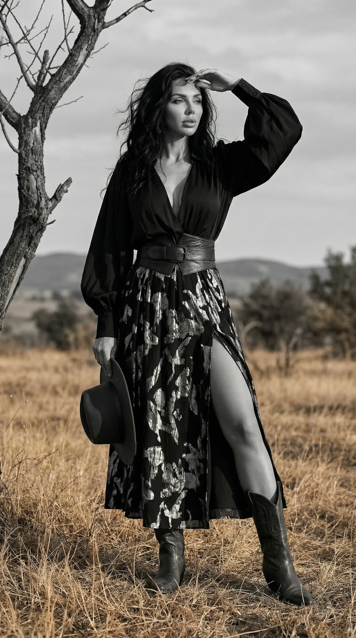 fashion model in flowing floral dress and cowboy boots standing in desert landscape with mountains holding black hat