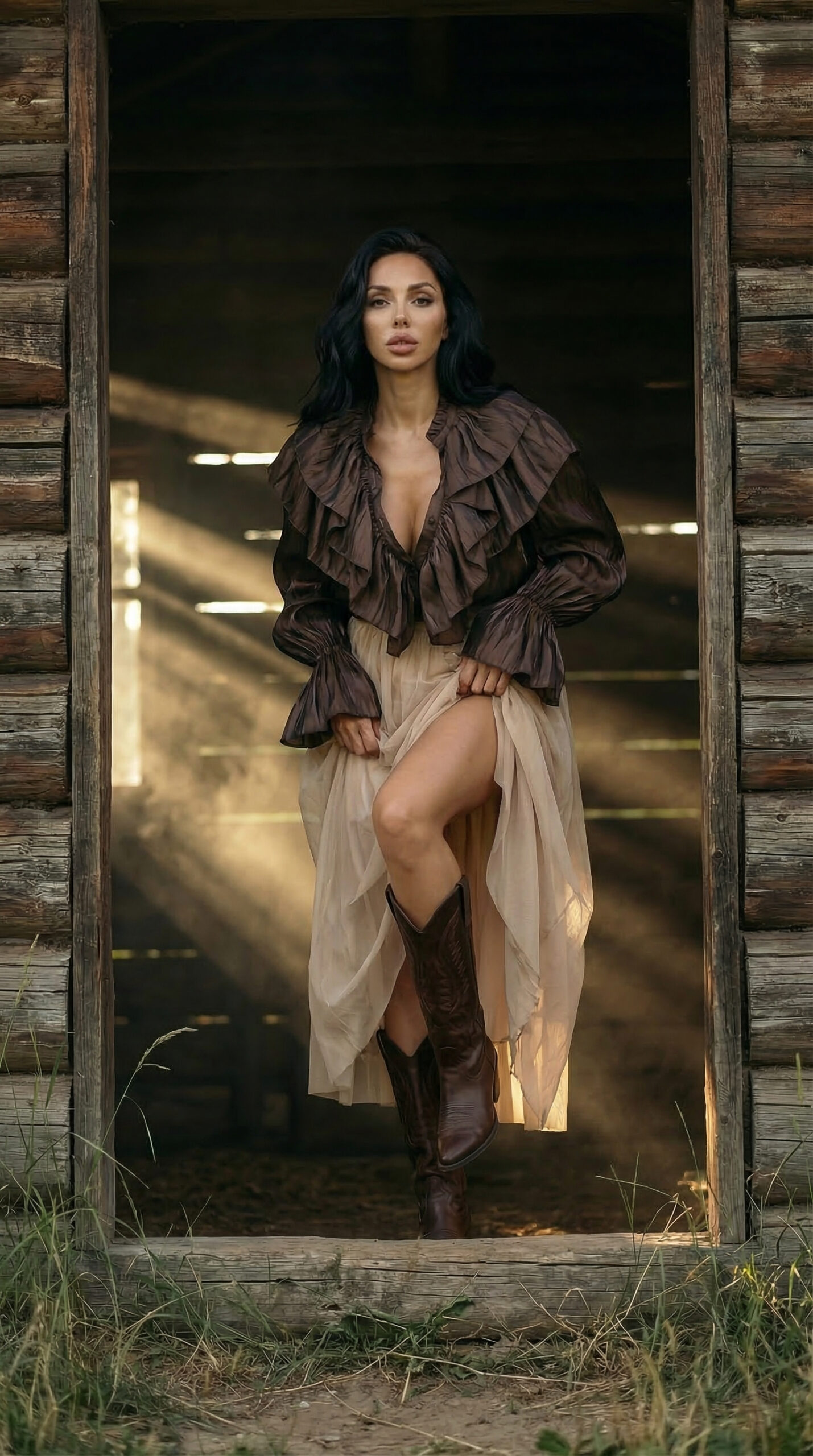 Fashion model wearing brown blouse and cowboy boots standing in rustic wooden barn doorway with sunlight rays