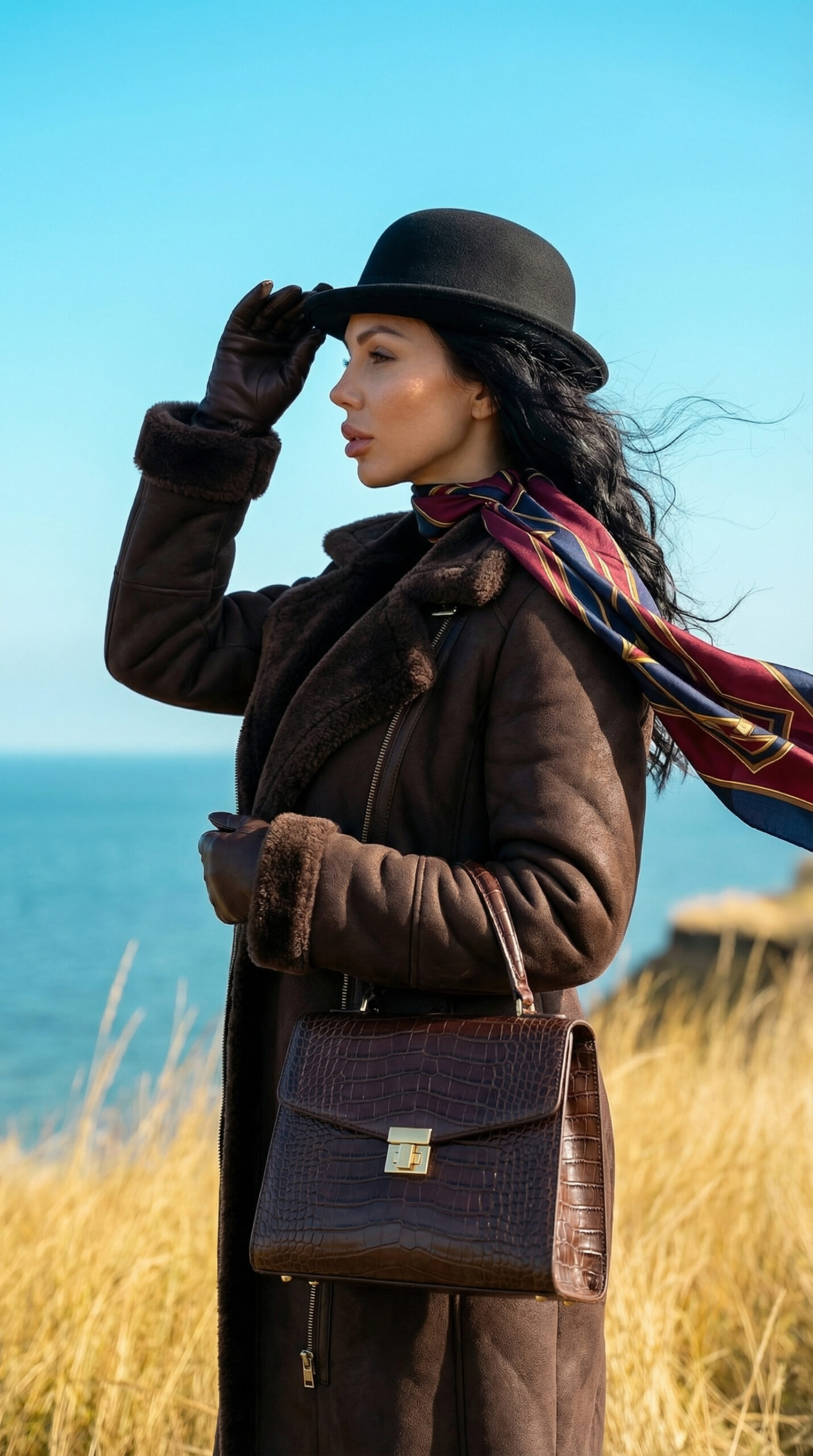 Fashion model wearing hat and shearling jacket walking through coastal grass with luxury handbag and scarf