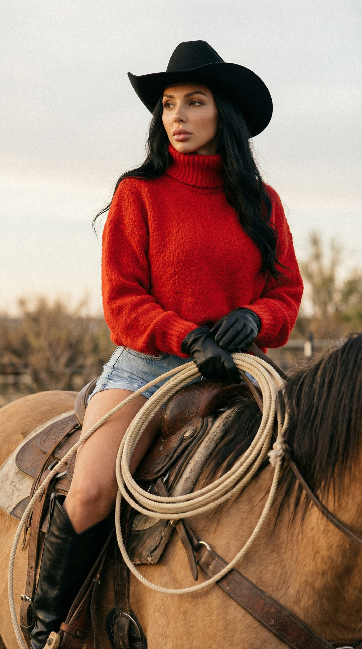 Elegant cowgirl fashion model wearing red sweater, denim shorts, cowboy hat and boots posing with horses in a western ranch landscape