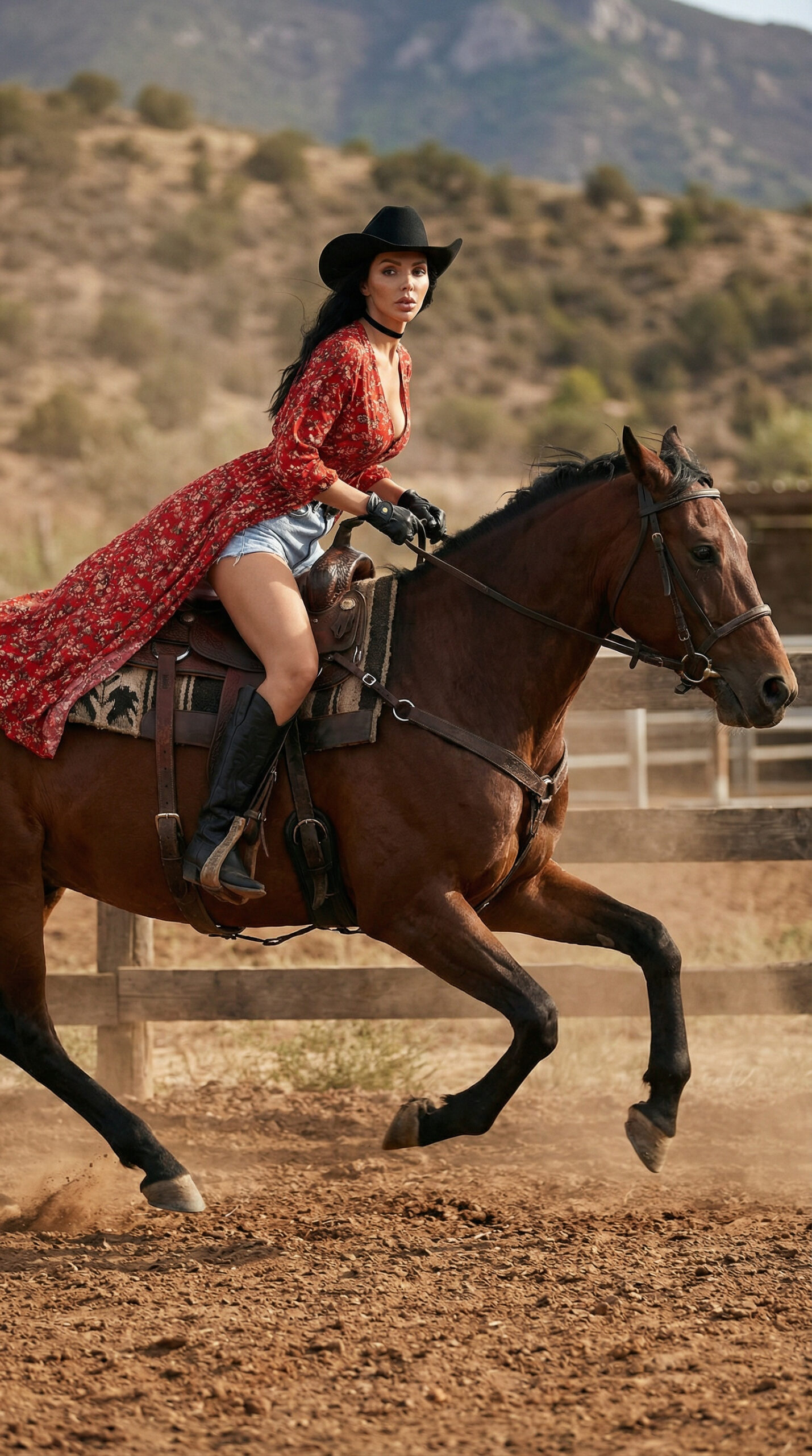 Elegant cowgirl fashion model wearing red dress, cowboy hat and boots posing with horses in a western ranch landscape