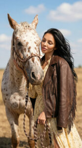 Stylish cowgirl model wearing fringe leather jacket and boots standing on desert road with horse