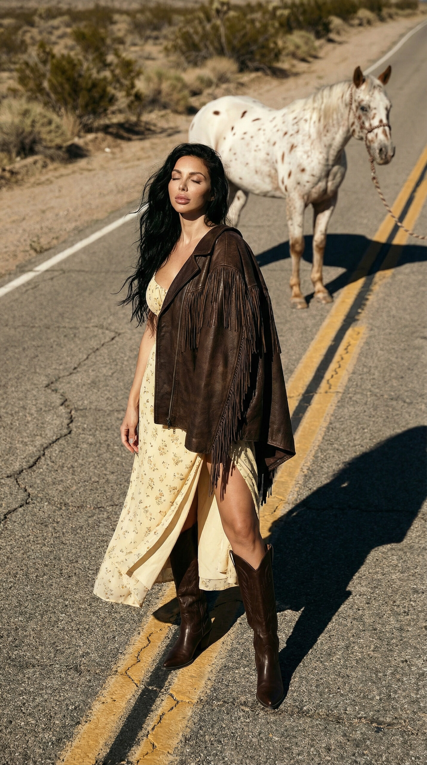Stylish cowgirl model wearing fringe leather jacket and boots standing on desert road with horse