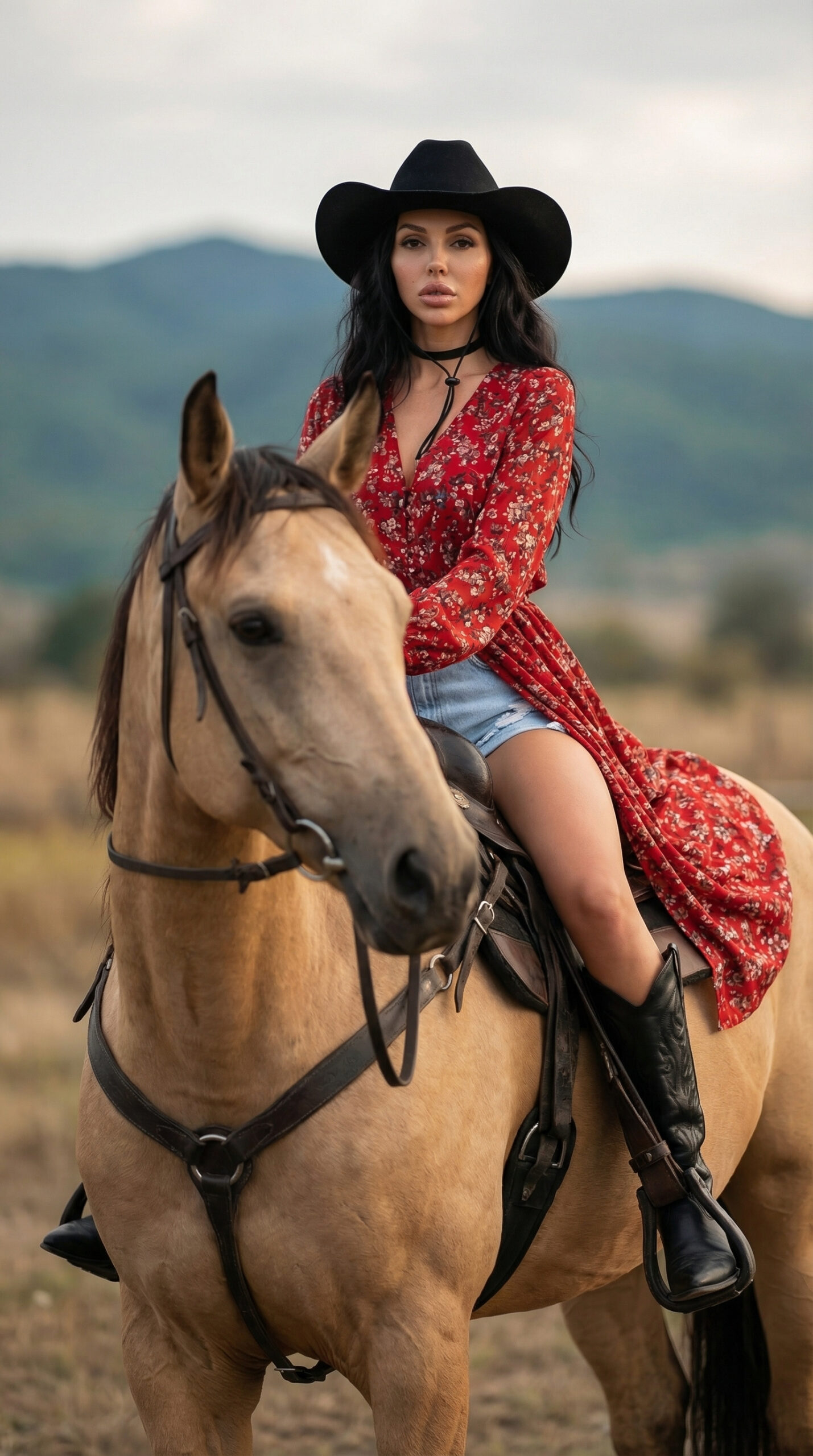 Elegant cowgirl fashion model wearing red dress, cowboy hat and boots posing with horses in a western ranch landscape
