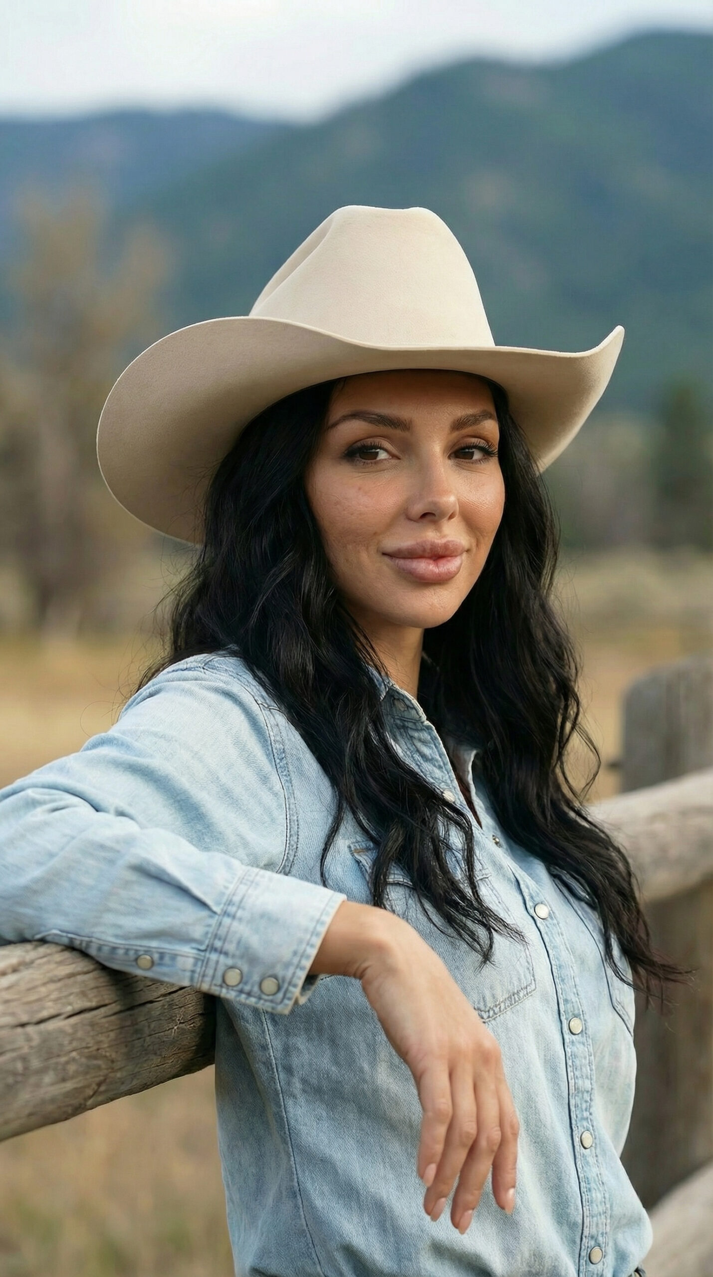 Elegant cowgirl fashion model wearing denim shirt, cowboy hat.