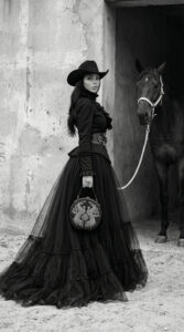 Fashion model in black couture dress and cowboy hat standing beside horse in rustic stable doorway