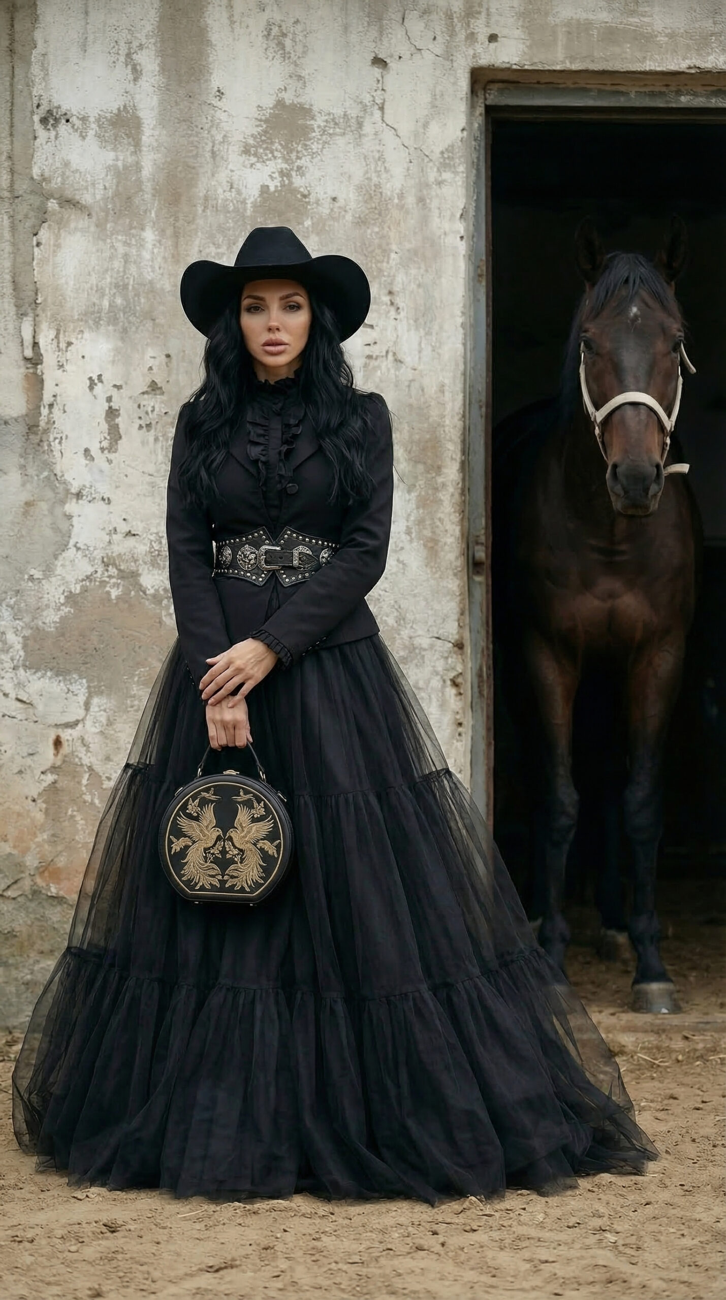 Fashion model in black couture dress and cowboy hat standing beside horse in rustic stable doorway