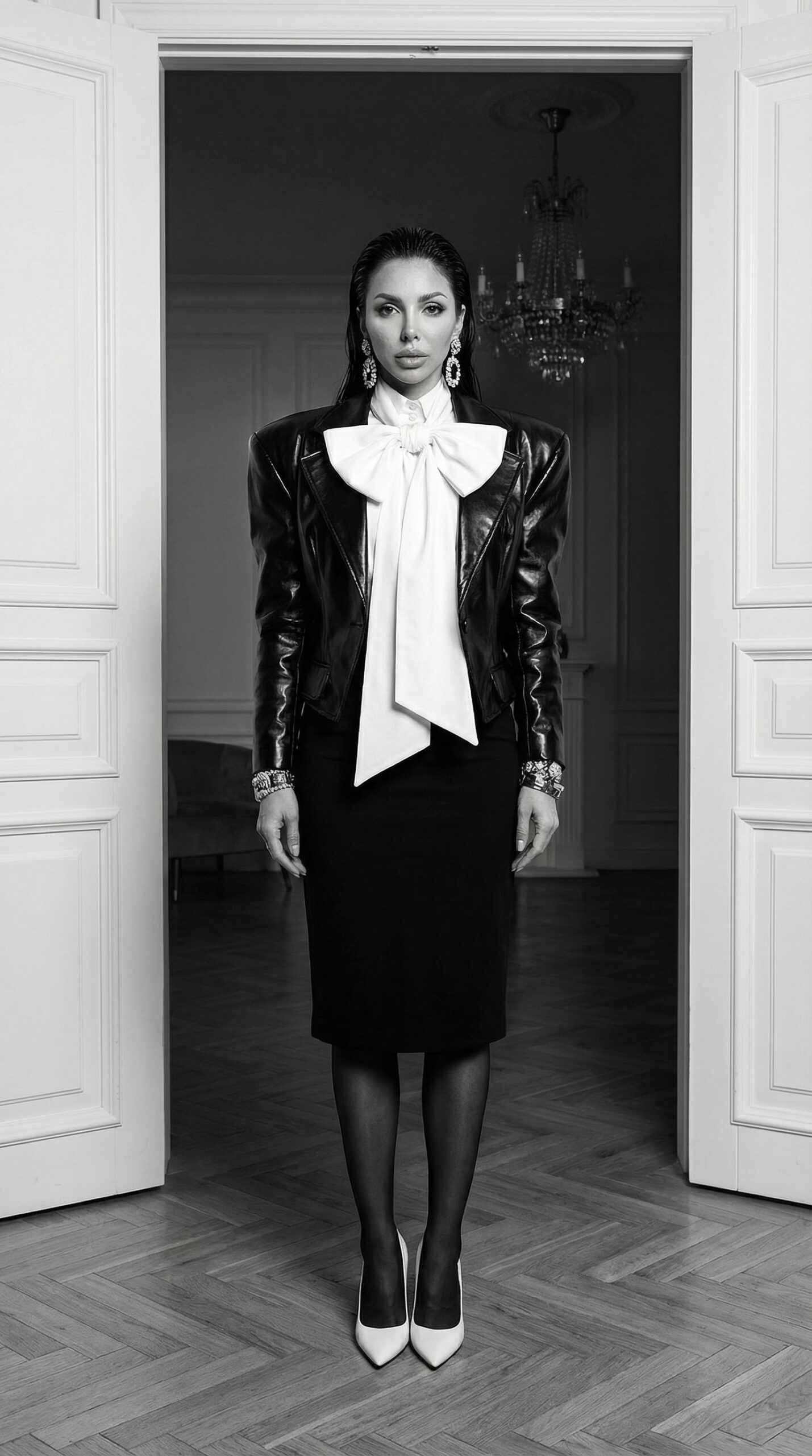 Black and white luxury fashion editorial image featuring elegant leather and bow couture look and vintage interior styling